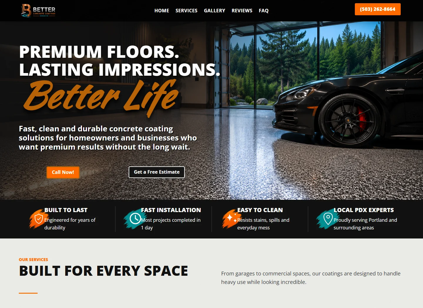 Better Concrete Coatings website showing flooring services and an estimate action