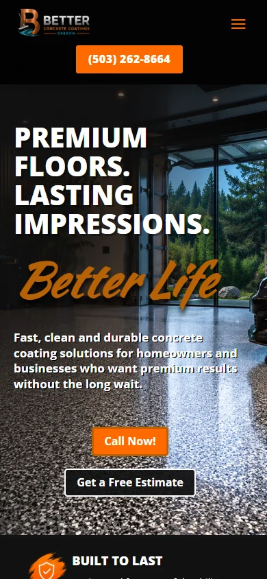 Better Concrete Coatings website at a mobile screen width
