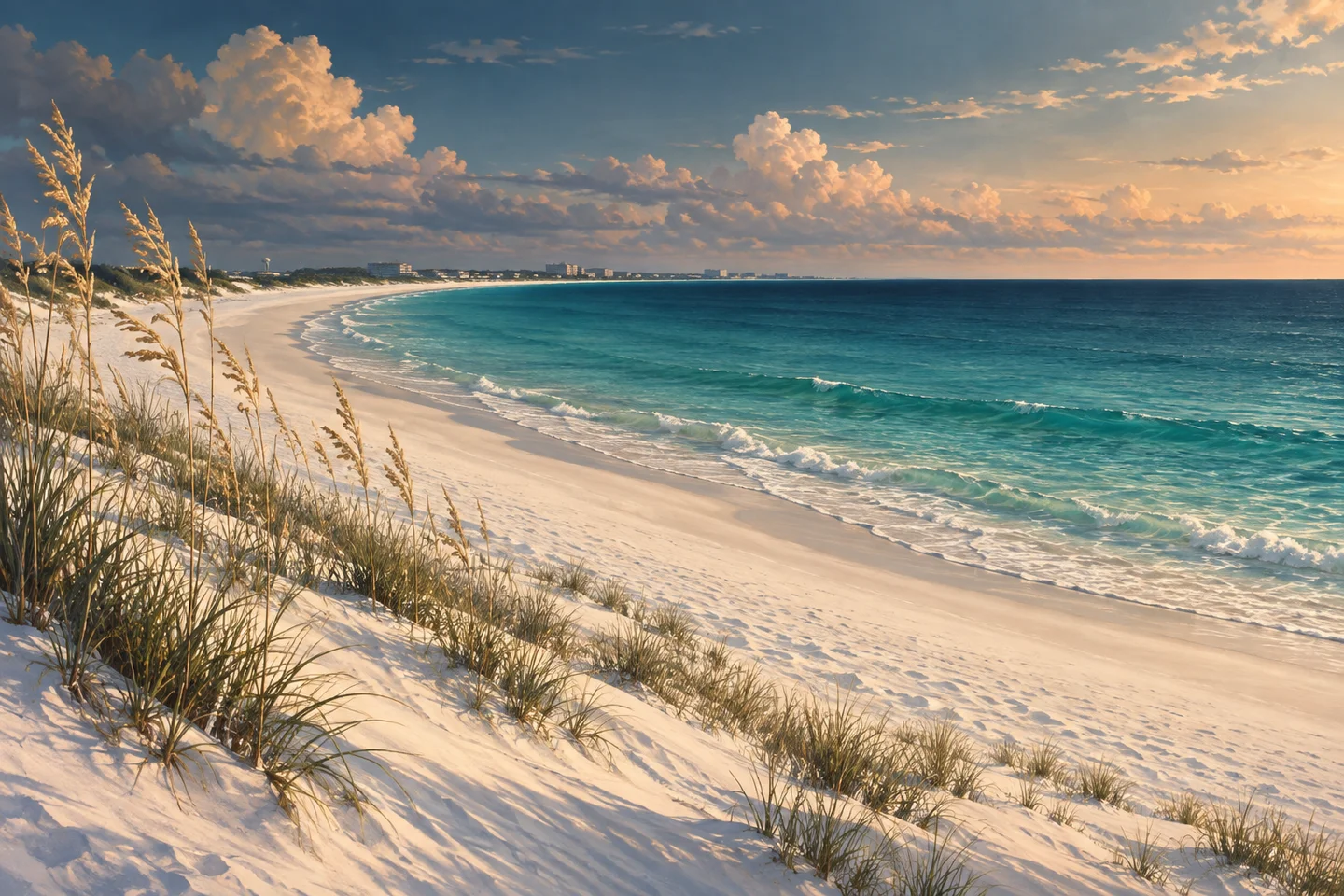 White dunes and turquoise coastal water; Northwest Florida editorial illustration