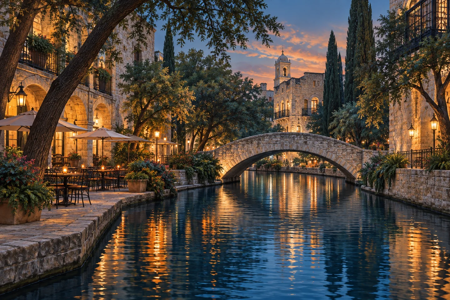 San Antonio-inspired river, limestone architecture, and warm evening light; editorial illustration