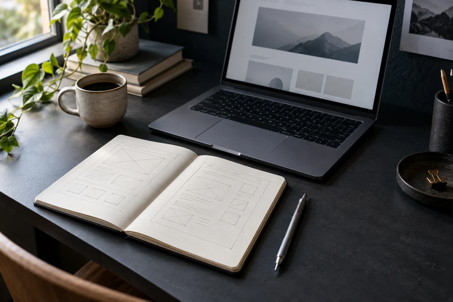 Illustrative workspace with a wireframe notebook and laptop